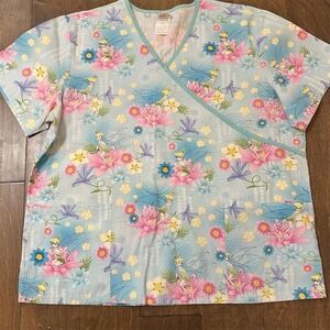 Disney Women's Tinkerbell Floral V-Neck Scrub Top XL Workwear